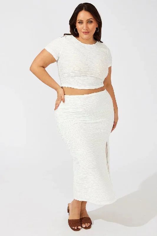 White Wavy Texture Bodycon Split Skirt